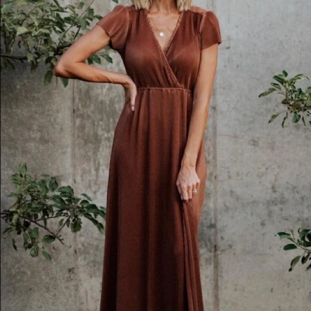 Athena Pleated Maxi Dress size Medium in Bronze New with tags